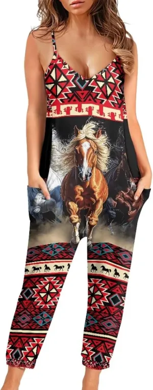 Tropical Jumpsuits for Women Hawaiian Flamingos Strap V with Pockets Jumpsuit