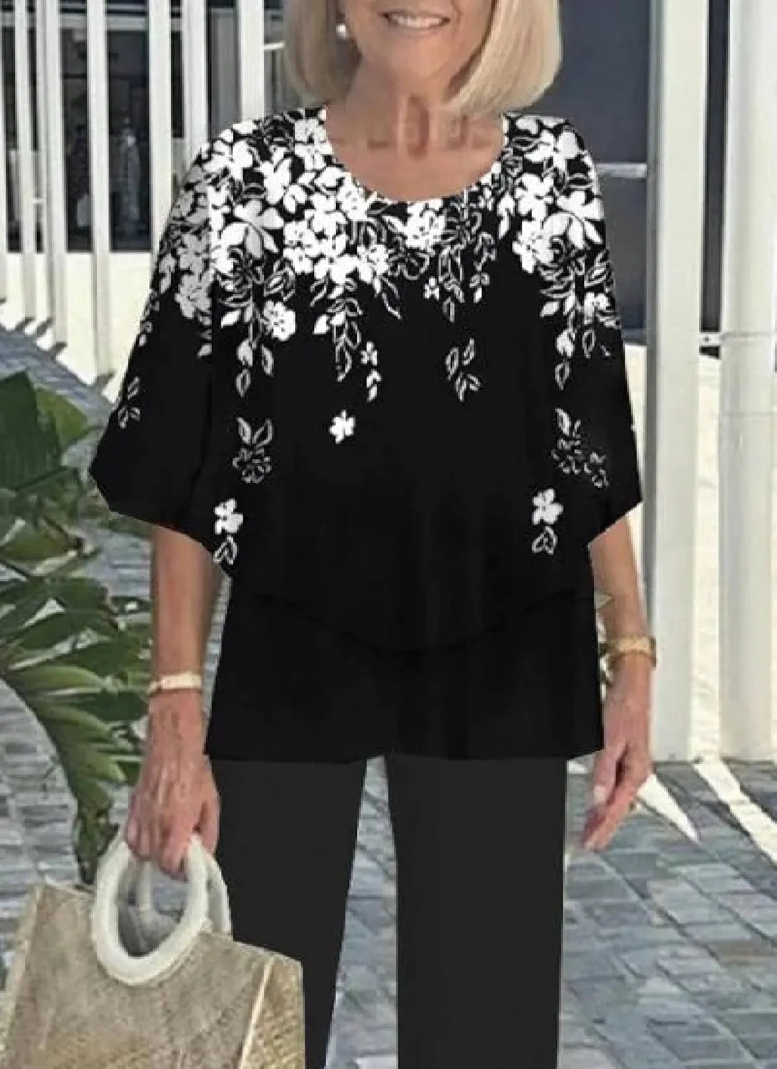 Two Piece Sets for Women Summer Outfits Lounge Sets Black Floral Print Tops and Plain Pants Vacation Travel Outfits