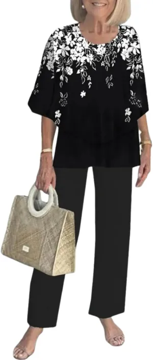 Two Piece Sets for Women Summer Outfits Lounge Sets Black Floral Print Tops and Plain Pants Vacation Travel Outfits