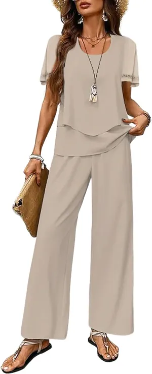 Two Piece Sets for Women Summer Outfits Lounge Travel Sets Brown Plain Round Neck Short Sleeve Tops and Wide Leg Pants
