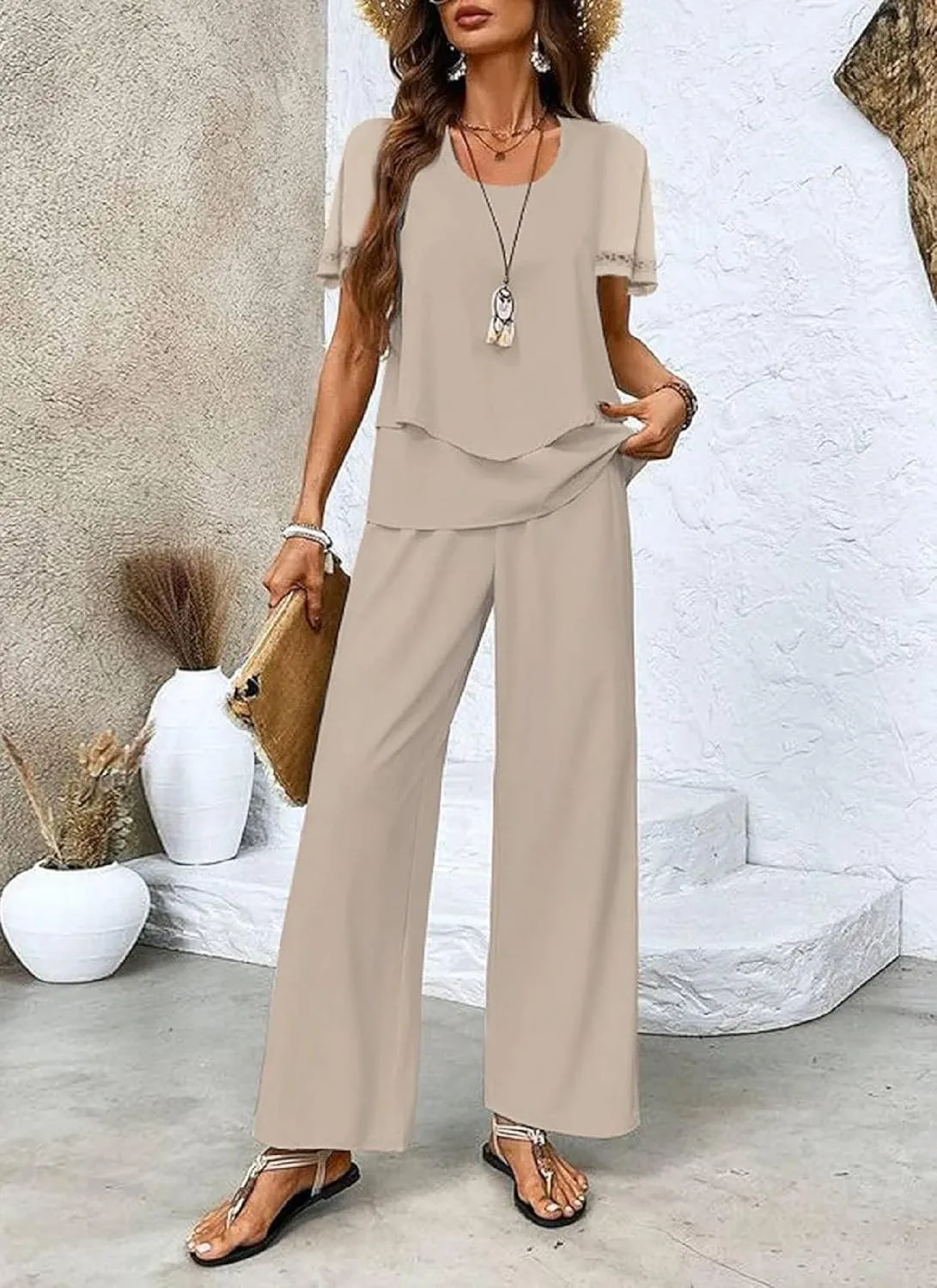Two Piece Sets for Women Summer Outfits Lounge Travel Sets Brown Plain Round Neck Short Sleeve Tops and Wide Leg Pants