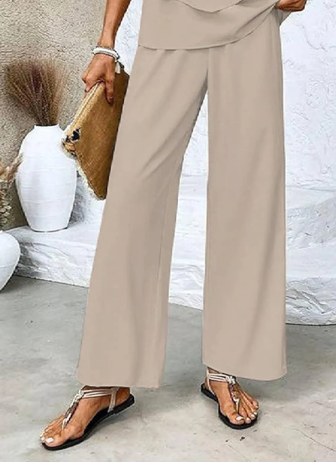 Two Piece Sets for Women Summer Outfits Lounge Travel Sets Brown Plain Round Neck Short Sleeve Tops and Wide Leg Pants