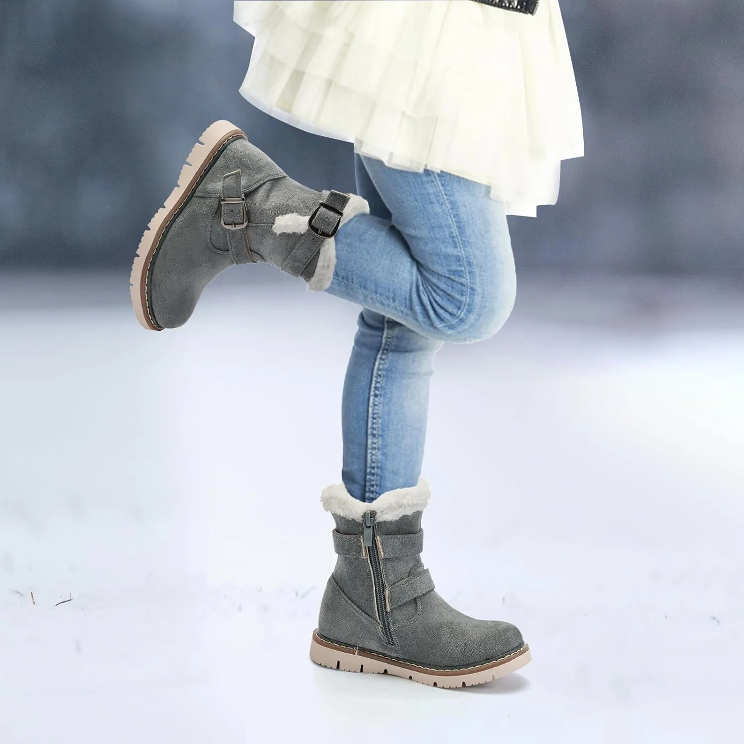 TZJS Girls Warm Winter Boots Kids Fashion Faux Fur Lined Snow Boot Side Zipper Lightweight Durable Outdoor Walking Shoes for Toddler/Little Kid