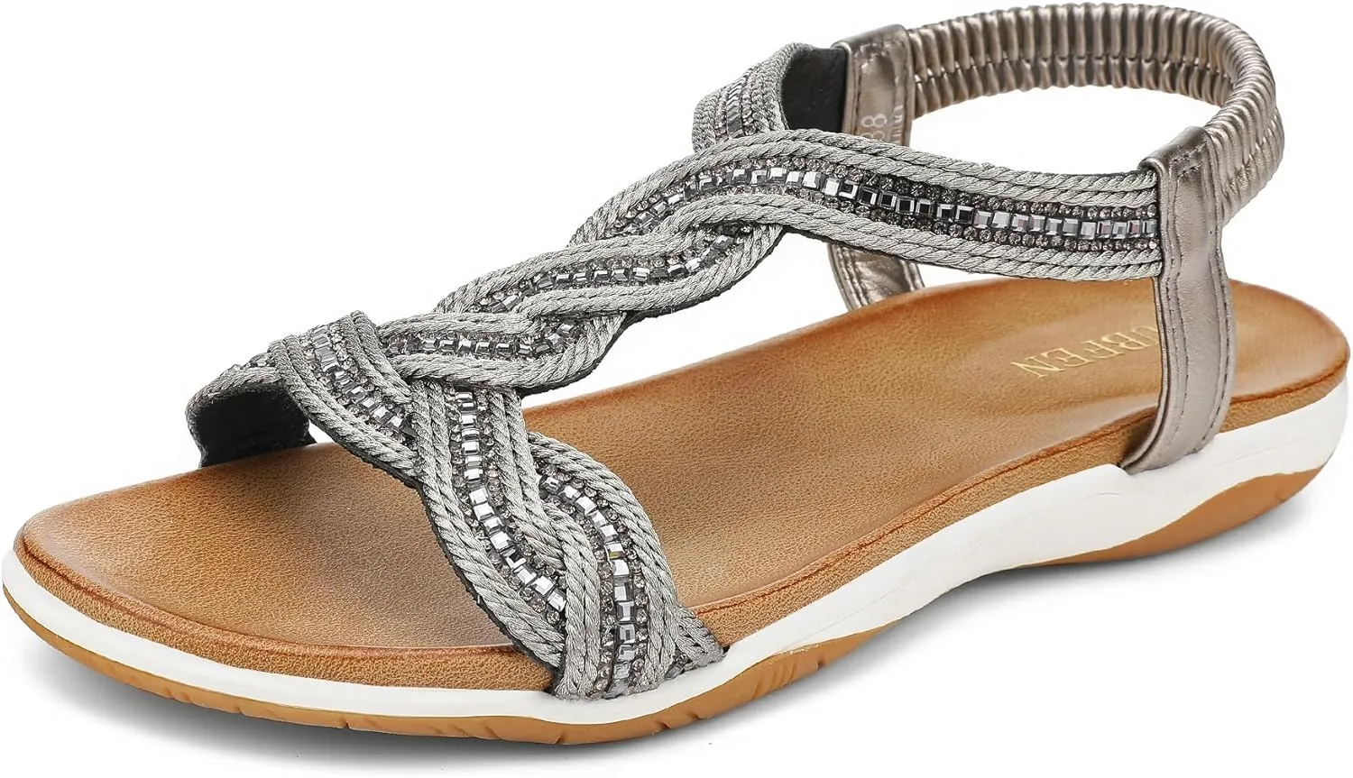 UBFEN Flat Sandals For Women Dressy Walking Comfortable Sandal With Rhinestone Braid Elastic Strap Summer Vacation