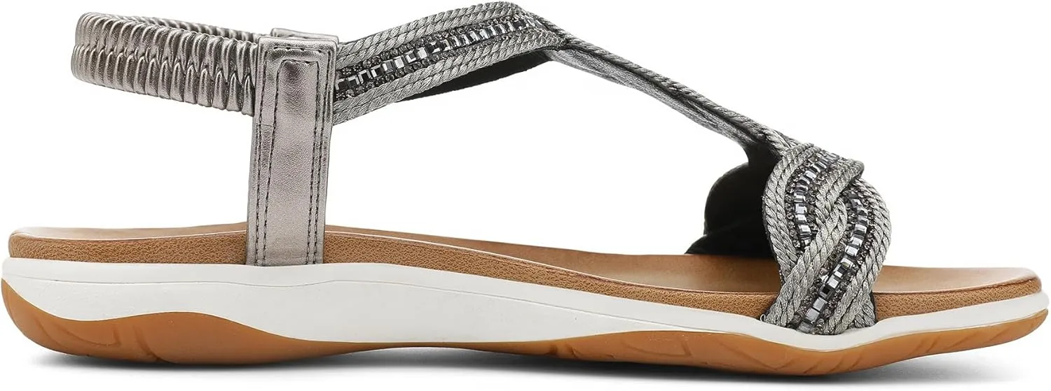 UBFEN Flat Sandals For Women Dressy Walking Comfortable Sandal With Rhinestone Braid Elastic Strap Summer Vacation