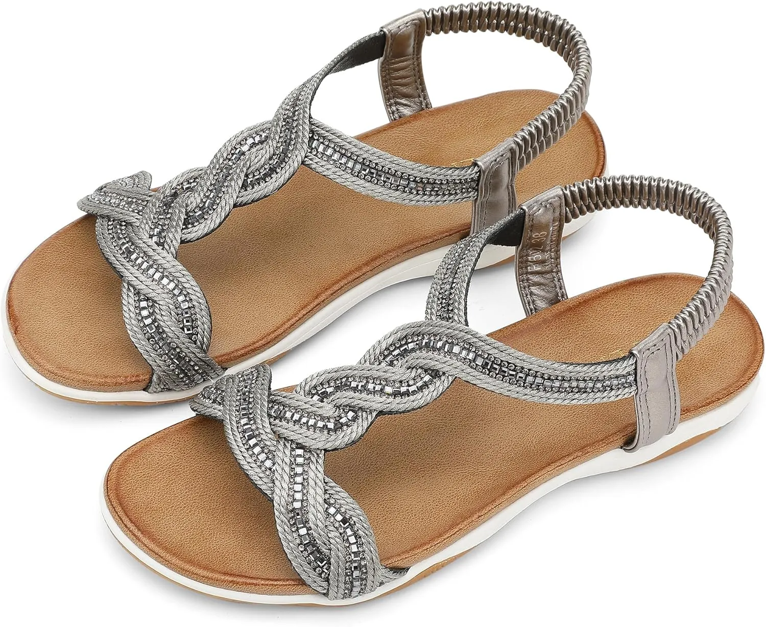UBFEN Flat Sandals For Women Dressy Walking Comfortable Sandal With Rhinestone Braid Elastic Strap Summer Vacation
