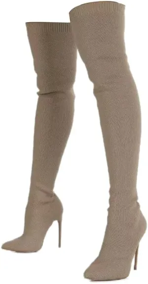 Ulalaza Women’s Casual Stylish Knee High Boots Artificial Suede Inner Pointy-toe Lace-up Zipper Mid Heel Stretch Legs Comfort for Walking