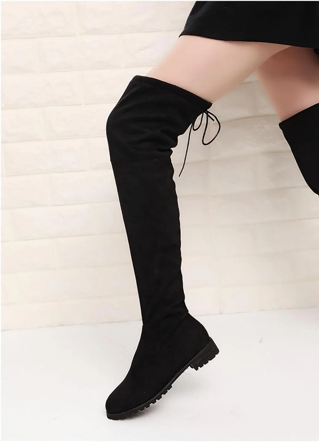 Ulalaza Women’s Casual Stylish Knee High Boots Artificial Suede Inner Pointy-toe Lace-up Zipper Mid Heel Stretch Legs Comfort for Walking