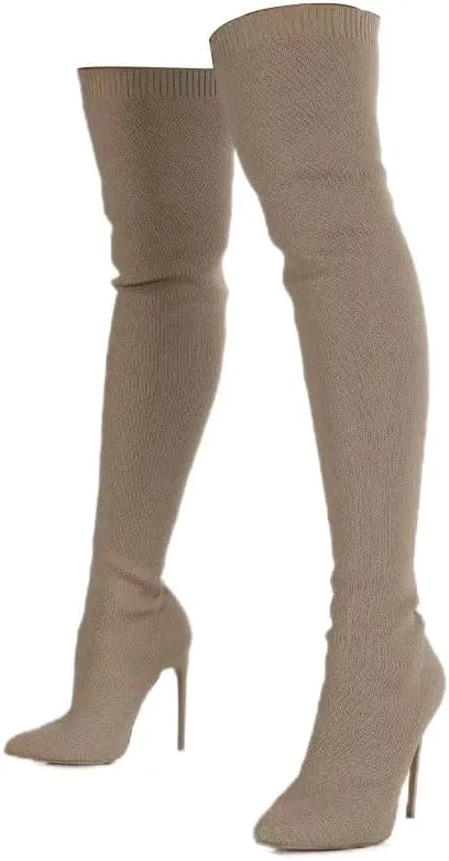 Ulalaza Women’s Casual Stylish Knee High Boots Artificial Suede Inner Pointy-toe Lace-up Zipper Mid Heel Stretch Legs Comfort for Walking