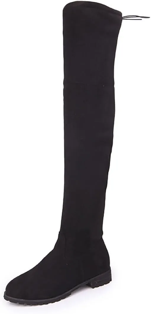 Ulalaza Women’s Casual Stylish Knee High Boots Artificial Suede Inner Pointy-toe Lace-up Zipper Mid Heel Stretch Legs Comfort for Walking