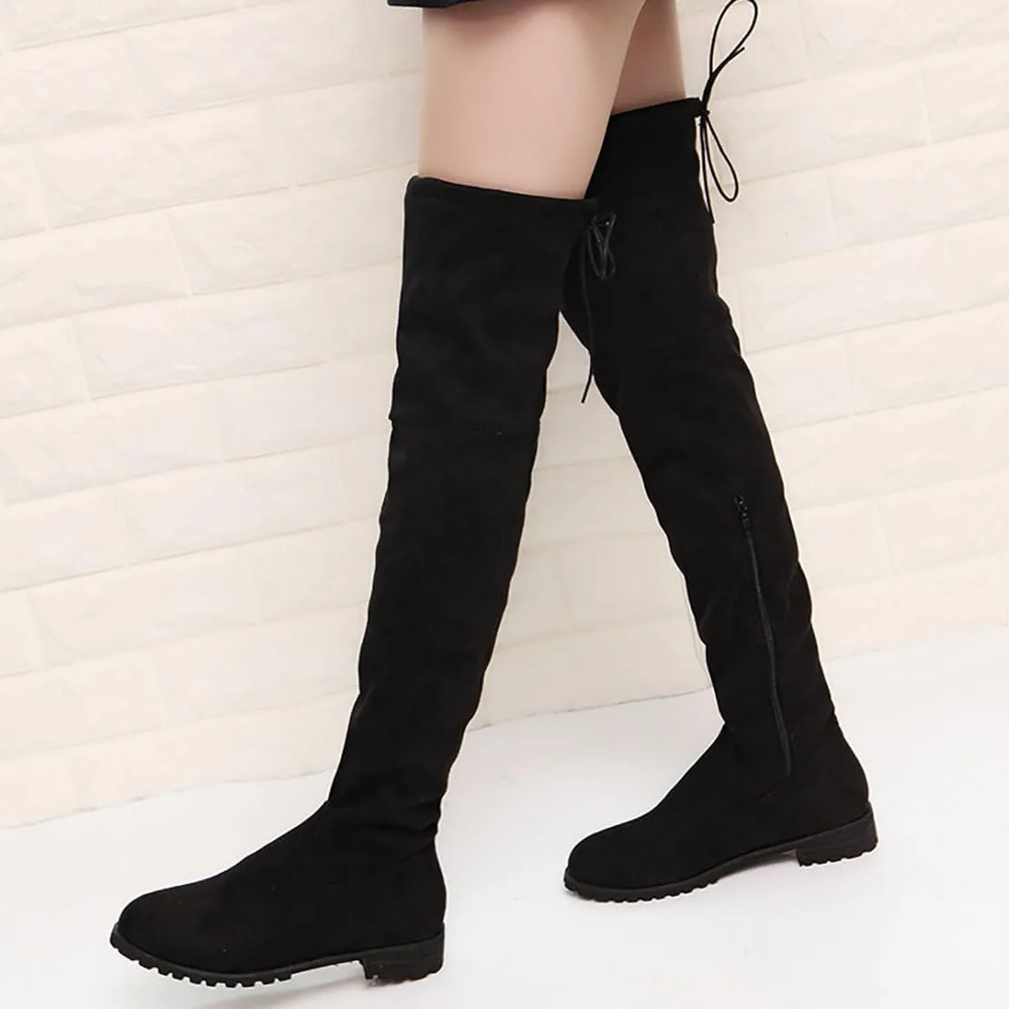 Ulalaza Women’s Casual Stylish Knee High Boots Artificial Suede Inner Pointy-toe Lace-up Zipper Mid Heel Stretch Legs Comfort for Walking