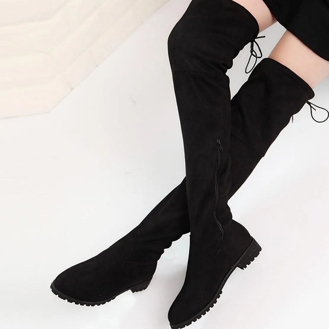 Ulalaza Women’s Casual Stylish Knee High Boots Artificial Suede Inner Pointy-toe Lace-up Zipper Mid Heel Stretch Legs Comfort for Walking