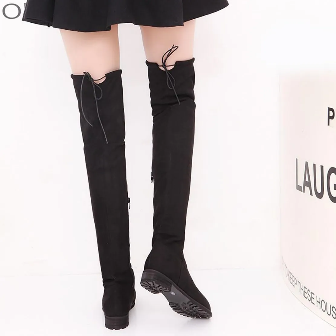 Ulalaza Women’s Casual Stylish Knee High Boots Artificial Suede Inner Pointy-toe Lace-up Zipper Mid Heel Stretch Legs Comfort for Walking