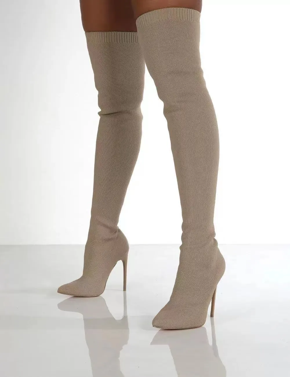 Ulalaza Women’s Casual Stylish Knee High Boots Artificial Suede Inner Pointy-toe Lace-up Zipper Mid Heel Stretch Legs Comfort for Walking