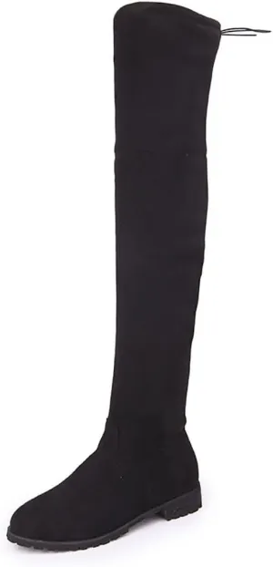 Ulalaza Women’s Casual Stylish Knee High Boots Artificial Suede Inner Pointy-toe Lace-up Zipper Mid Heel Stretch Legs Comfort for Walking