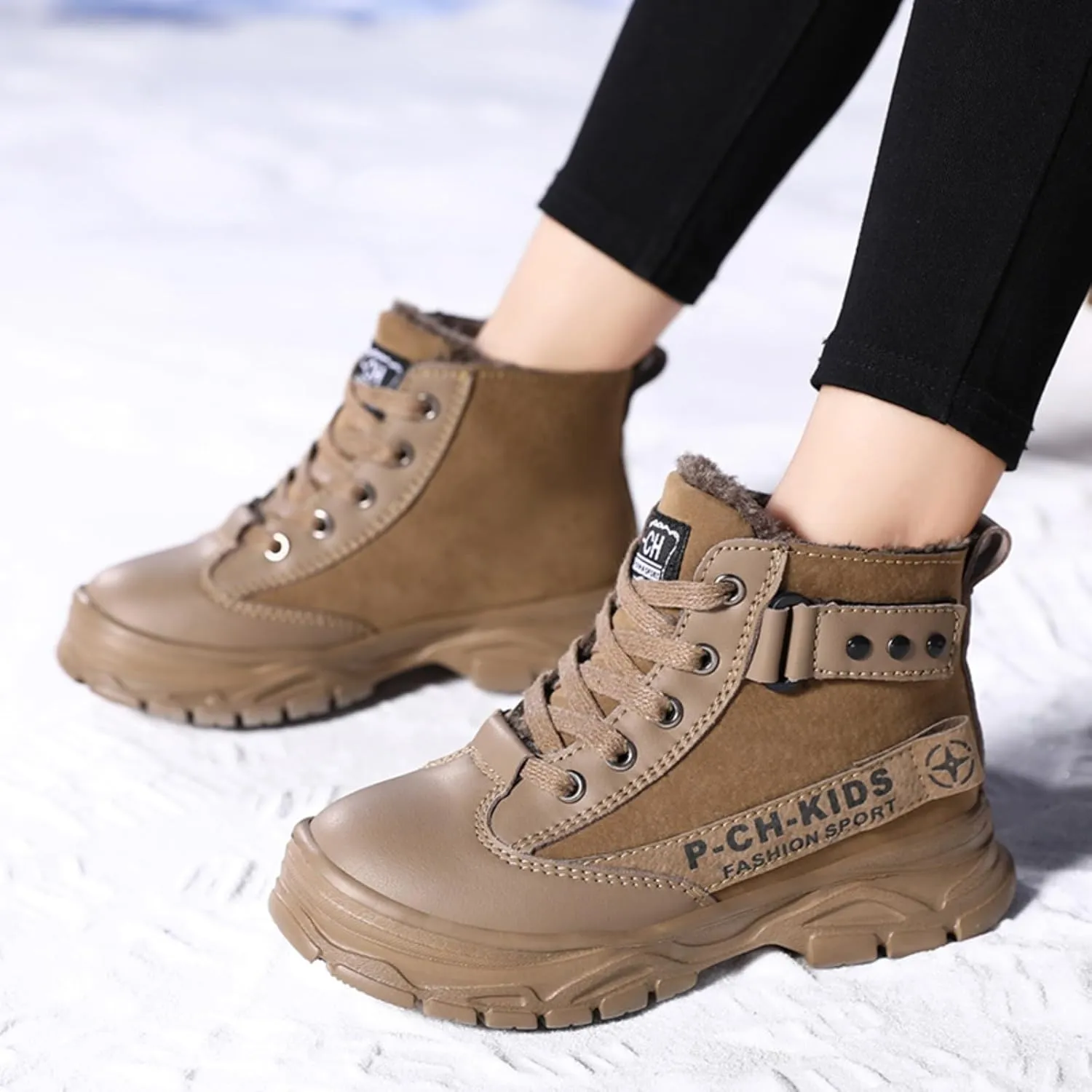 Unisex Kids Ankle Boots Warm Faux Fur Lined Outdoor Hiking Boots High Top Sneakers Boys Girls Winter Tennis Shoes