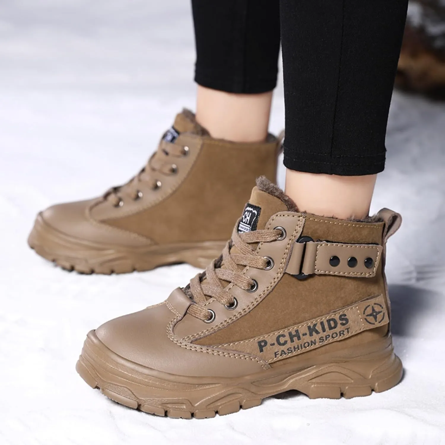 Unisex Kids Ankle Boots Warm Faux Fur Lined Outdoor Hiking Boots High Top Sneakers Boys Girls Winter Tennis Shoes