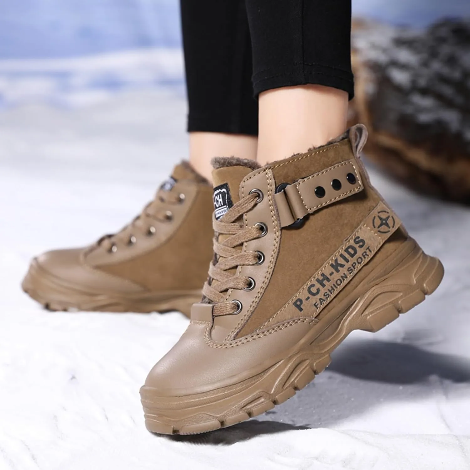 Unisex Kids Ankle Boots Warm Faux Fur Lined Outdoor Hiking Boots High Top Sneakers Boys Girls Winter Tennis Shoes