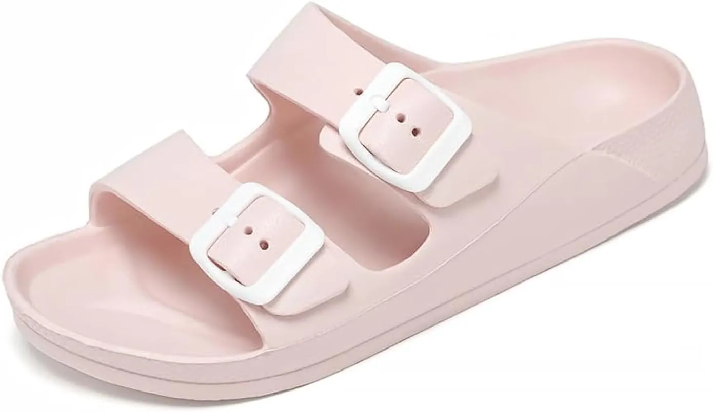 Unisex Men‘s and Women’s Lightweight Flat Sandals Waterproof Comfort Soft Slides Double Buckle Adjustable EVA Slip-on Flat Sandals