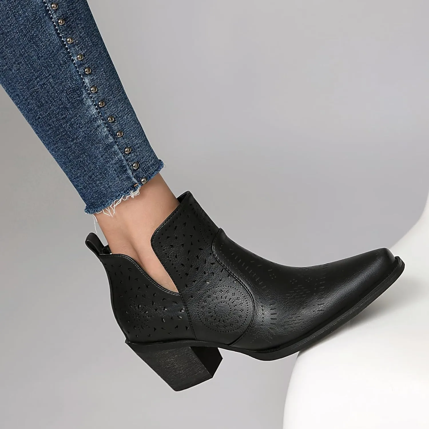 UTIKLIOU Women's Ankle Boots Slip on Cutout Pointed Toe Chunky Stacked Mid Heel Boots Faux Leather Short Booties