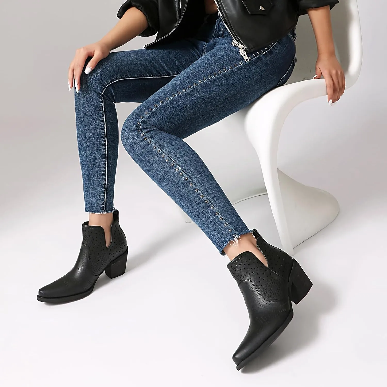 UTIKLIOU Women's Ankle Boots Slip on Cutout Pointed Toe Chunky Stacked Mid Heel Boots Faux Leather Short Booties
