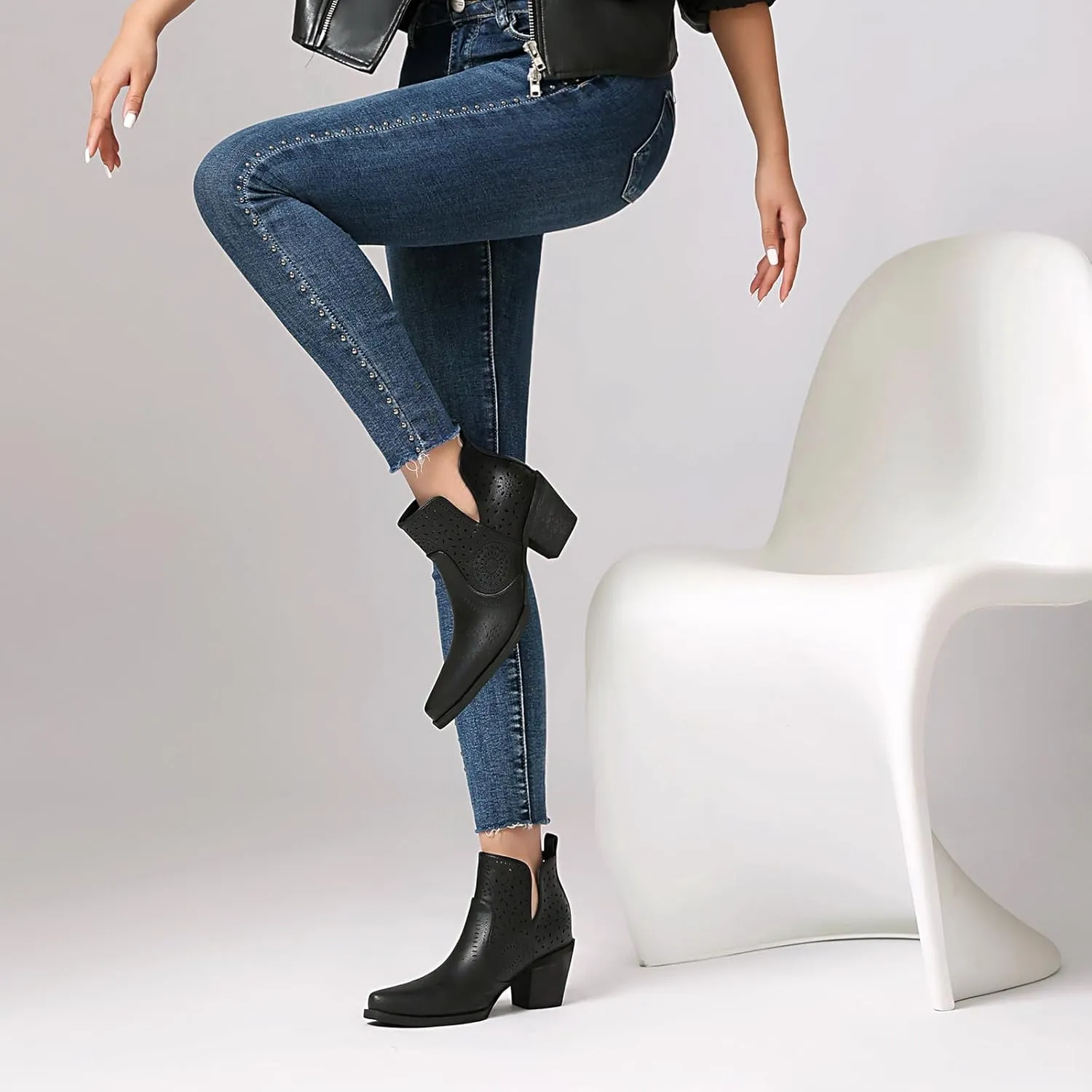 UTIKLIOU Women's Ankle Boots Slip on Cutout Pointed Toe Chunky Stacked Mid Heel Boots Faux Leather Short Booties