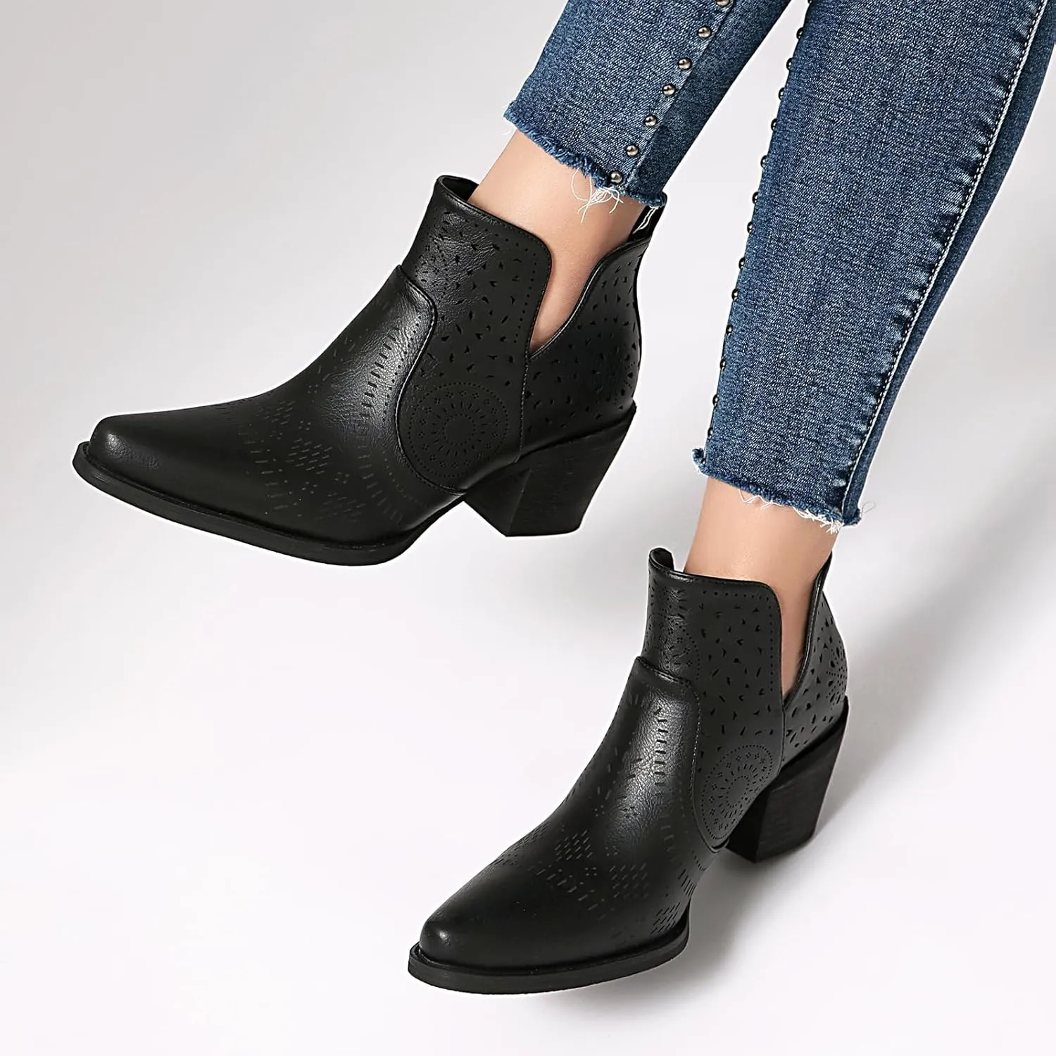 UTIKLIOU Women's Ankle Boots Slip on Cutout Pointed Toe Chunky Stacked Mid Heel Boots Faux Leather Short Booties