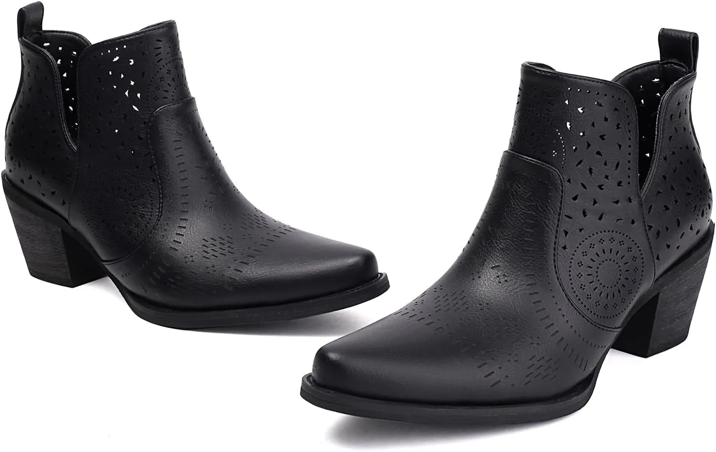UTIKLIOU Women's Ankle Boots Slip on Cutout Pointed Toe Chunky Stacked Mid Heel Boots Faux Leather Short Booties