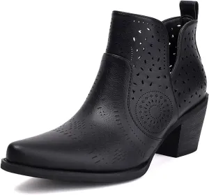 UTIKLIOU Women's Ankle Boots Slip on Cutout Pointed Toe Chunky Stacked Mid Heel Boots Faux Leather Short Booties