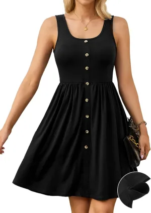 V FOR CITY Women's Built in Bra Dress with Pockets Summer Dresses Casual Flowy U Neck Button Down Swing Beach Sundress