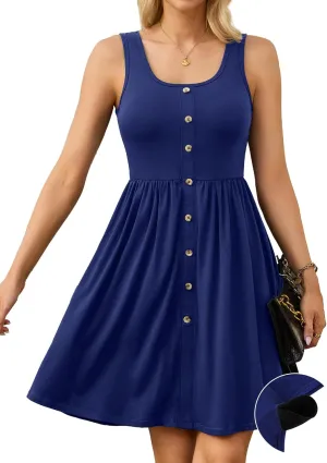 V FOR CITY Women's Built in Bra Dress with Pockets Summer Dresses Casual Flowy U Neck Button Down Swing Beach Sundress