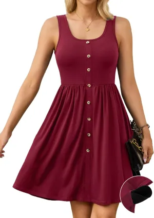 V FOR CITY Women's Built in Bra Dress with Pockets Summer Dresses Casual Flowy U Neck Button Down Swing Beach Sundress