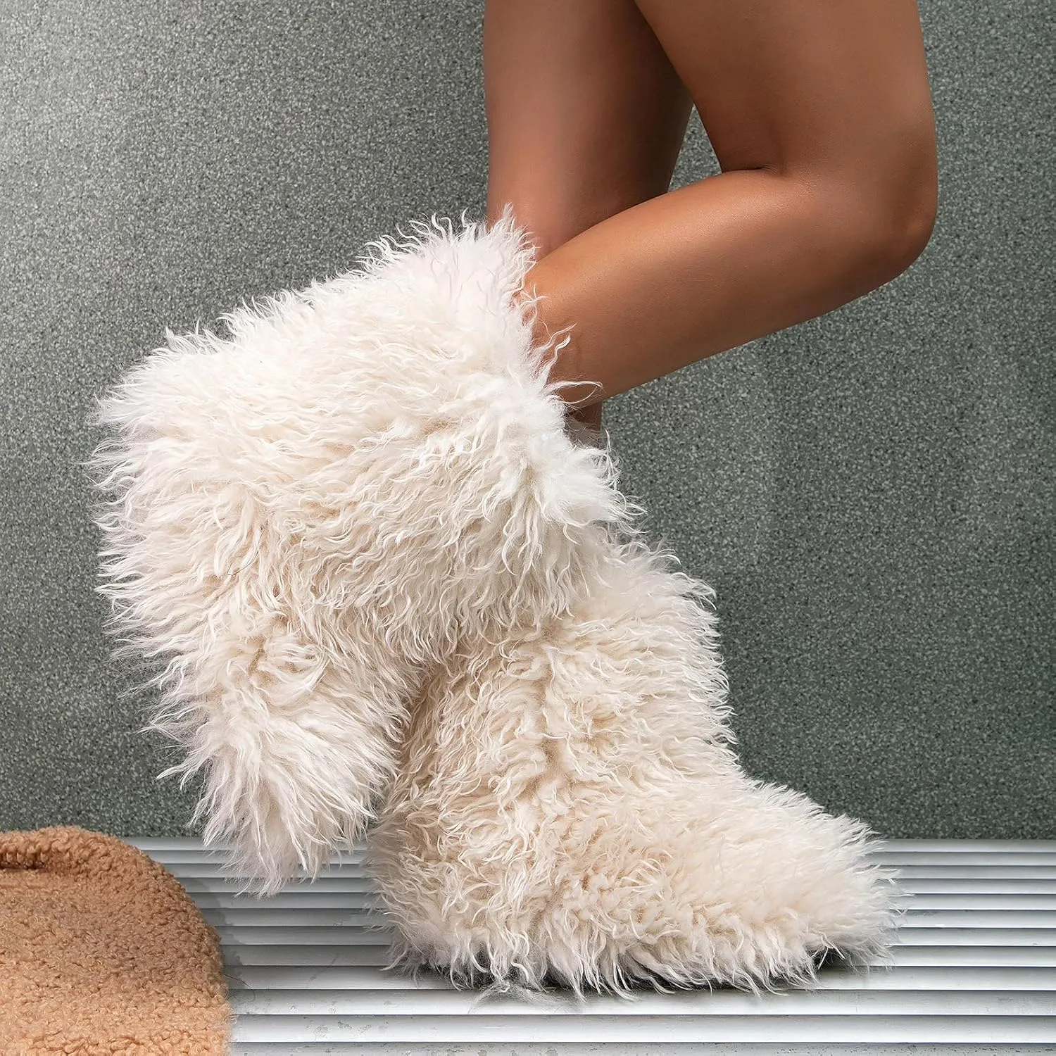 Valpeak Faux Fur Boots for Women 2024 Mongolian Furry y2k for Girls Winter Fluffy Fuzzy