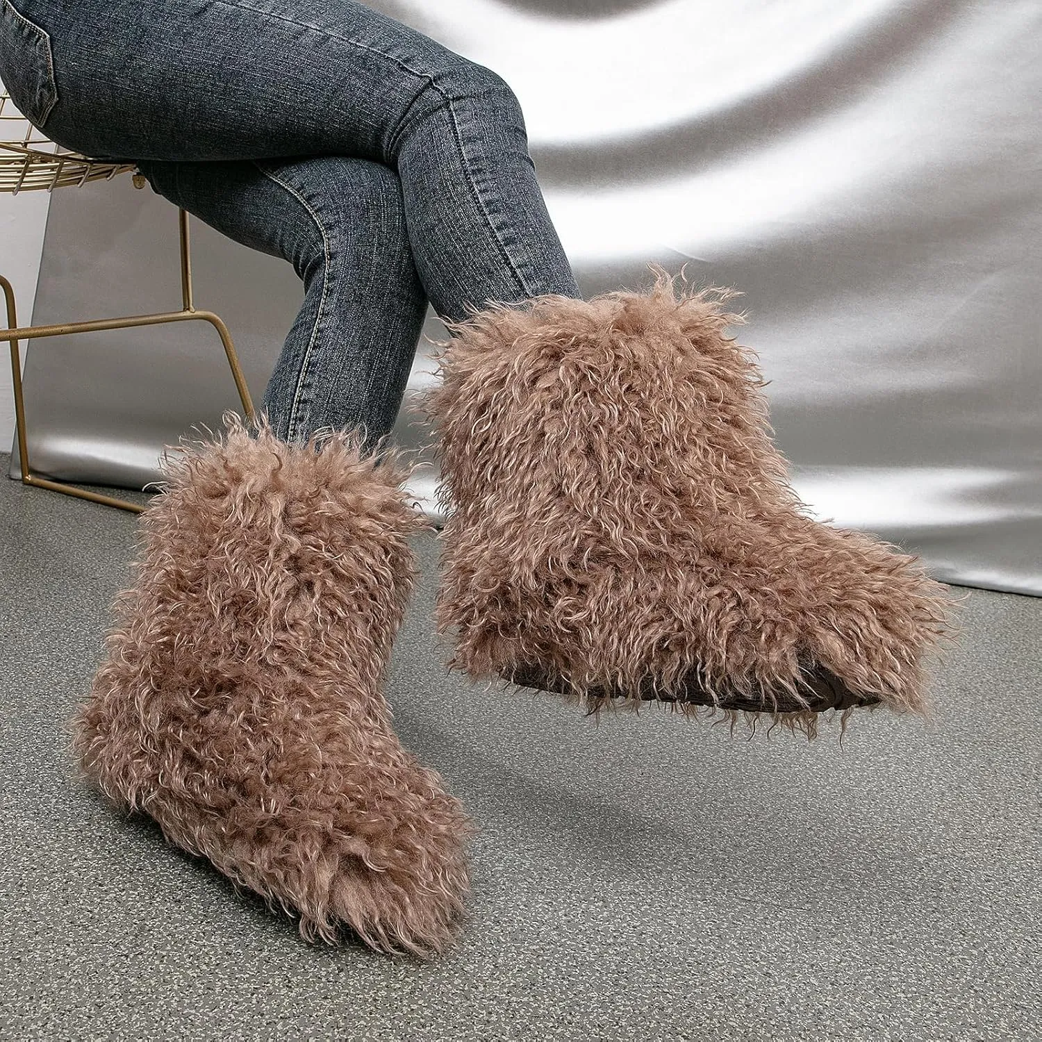 Valpeak Faux Fur Boots for Women 2024 Mongolian Furry y2k for Girls Winter Fluffy Fuzzy