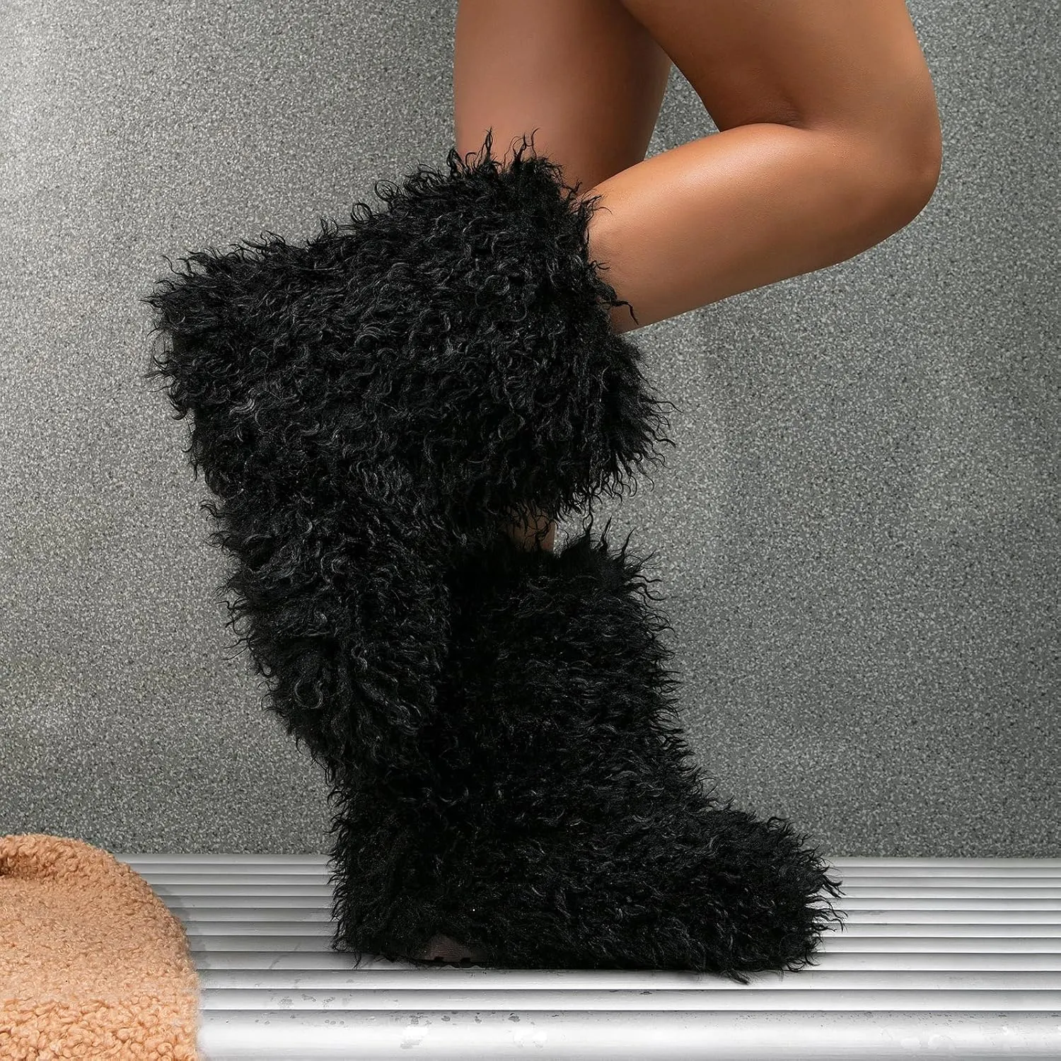 Valpeak Faux Fur Boots for Women 2024 Mongolian Furry y2k for Girls Winter Fluffy Fuzzy