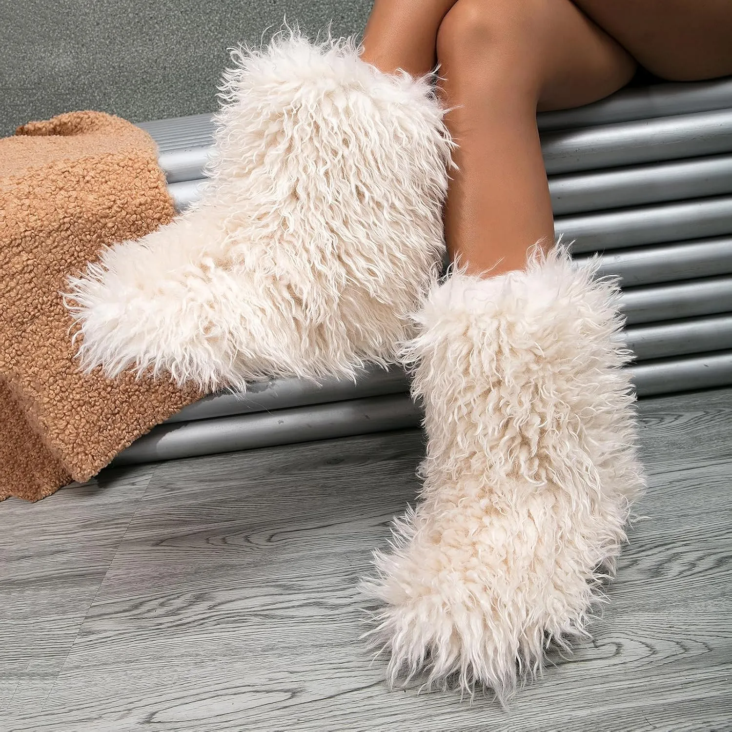 Valpeak Faux Fur Boots for Women 2024 Mongolian Furry y2k for Girls Winter Fluffy Fuzzy