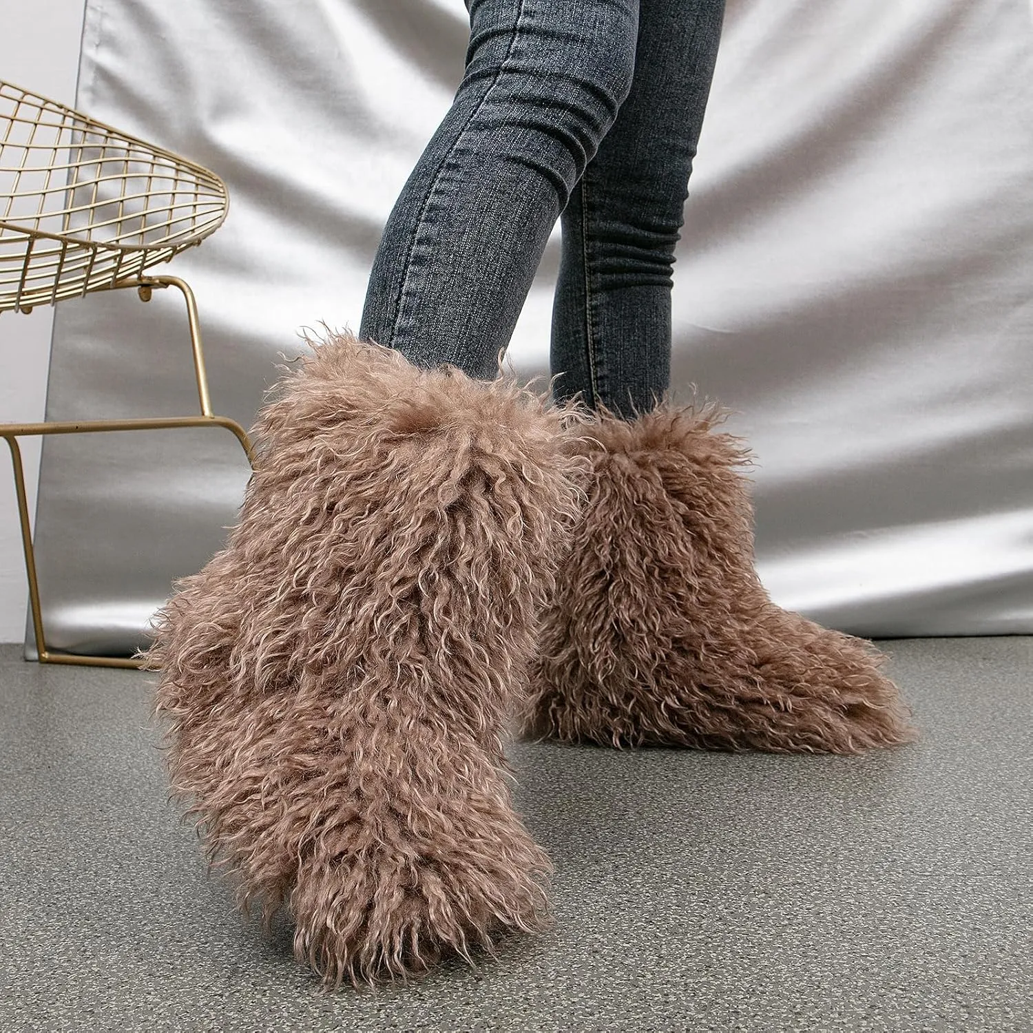 Valpeak Faux Fur Boots for Women 2024 Mongolian Furry y2k for Girls Winter Fluffy Fuzzy