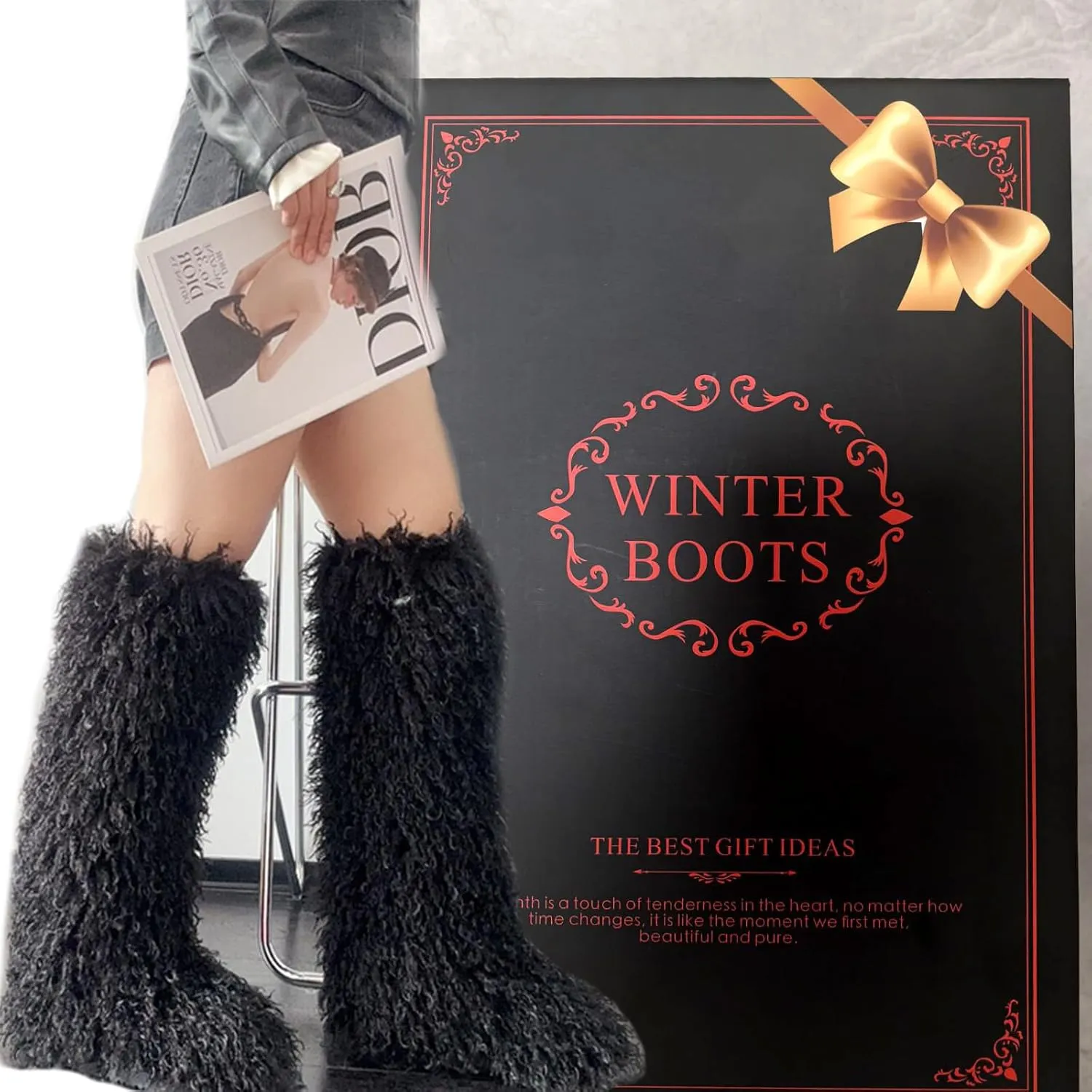 Valpeak Faux Fur Tall Furry Boots for Womens,Long Winter Boots for Girls,Mongolian Fluffy Boots for Kids Fuzzy Knee-High Boots