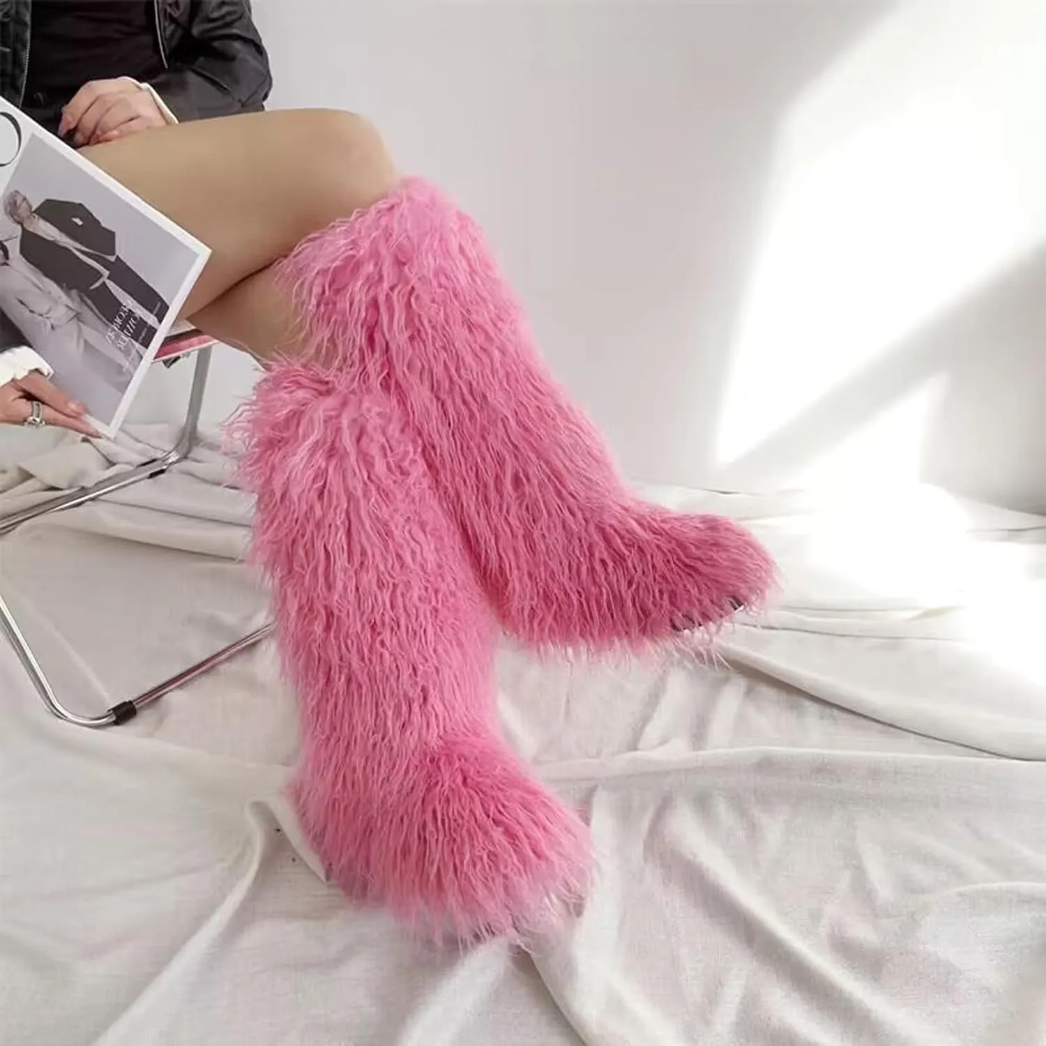 Valpeak Faux Fur Tall Furry Boots for Womens,Long Winter Boots for Girls,Mongolian Fluffy Boots for Kids Fuzzy Knee-High Boots