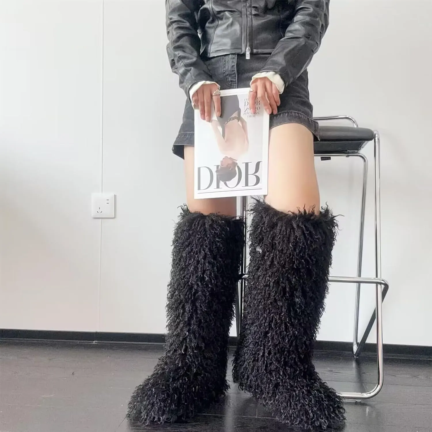 Valpeak Faux Fur Tall Furry Boots for Womens,Long Winter Boots for Girls,Mongolian Fluffy Boots for Kids Fuzzy Knee-High Boots