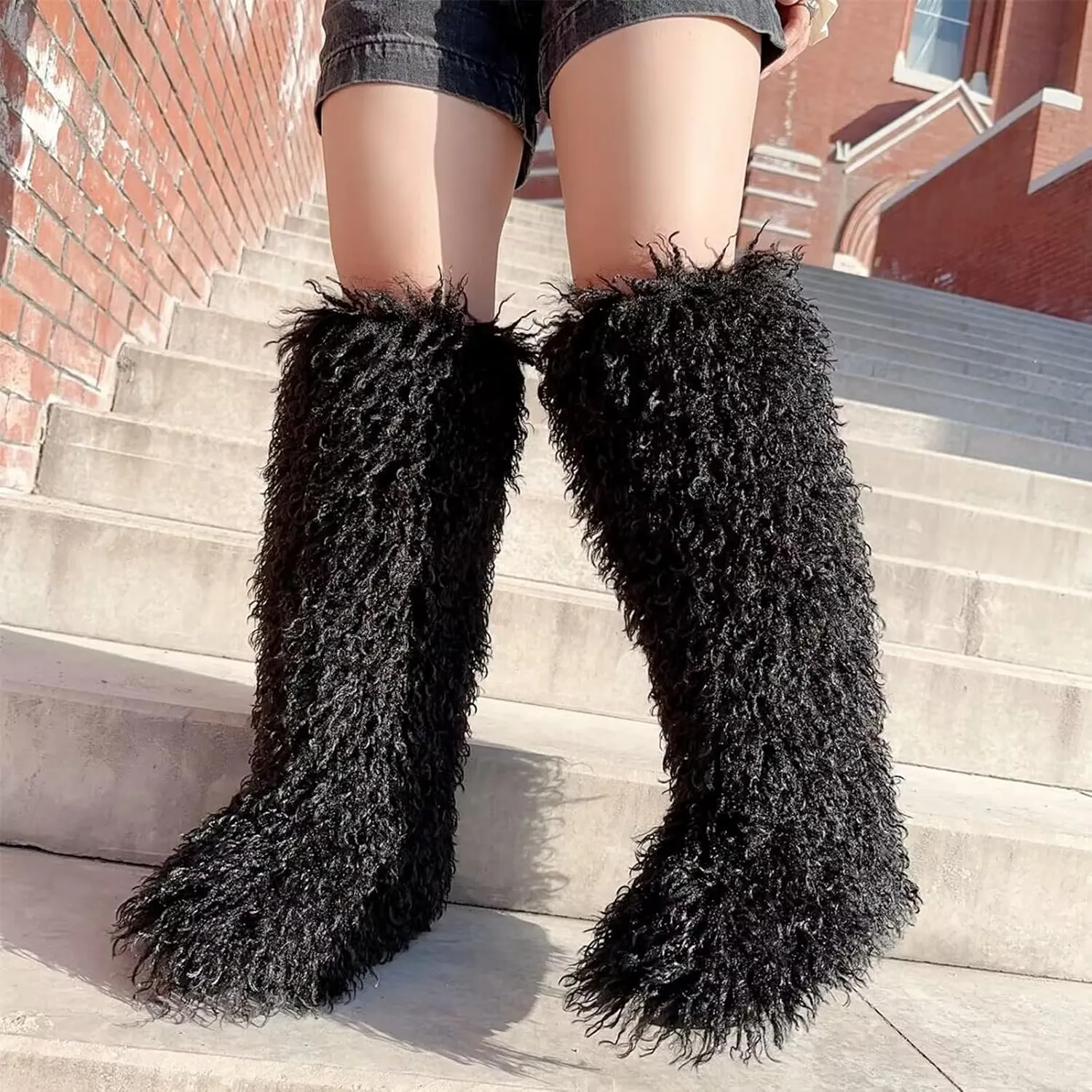Valpeak Faux Fur Tall Furry Boots for Womens,Long Winter Boots for Girls,Mongolian Fluffy Boots for Kids Fuzzy Knee-High Boots