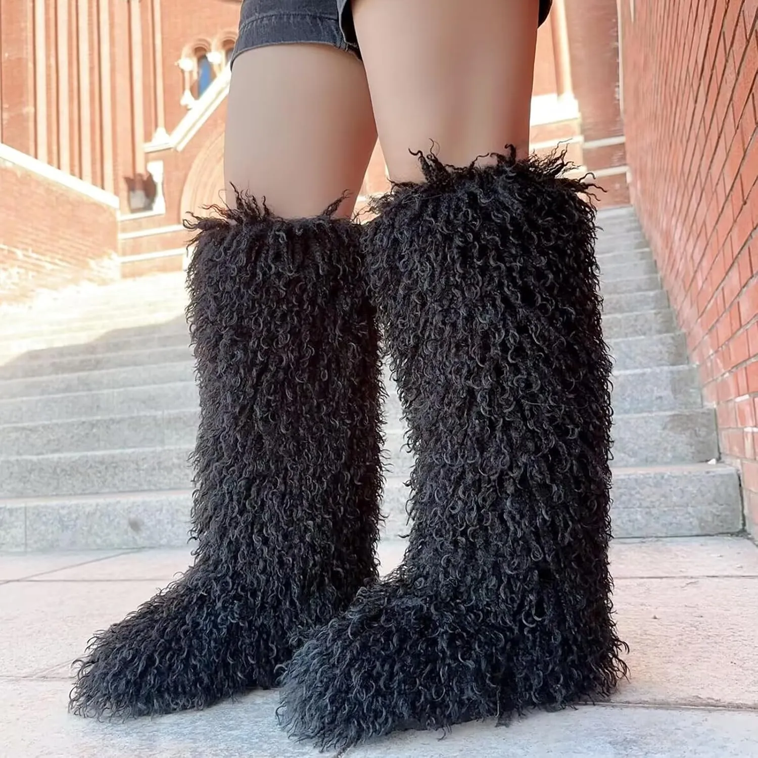 Valpeak Faux Fur Tall Furry Boots for Womens,Long Winter Boots for Girls,Mongolian Fluffy Boots for Kids Fuzzy Knee-High Boots