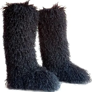 Valpeak Faux Fur Tall Furry Boots for Womens,Long Winter Boots for Girls,Mongolian Fluffy Boots for Kids Fuzzy Knee-High Boots