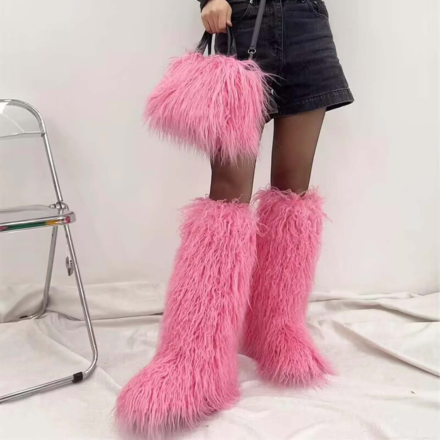Valpeak Faux Fur Tall Furry Boots for Womens,Long Winter Boots for Girls,Mongolian Fluffy Boots for Kids Fuzzy Knee-High Boots