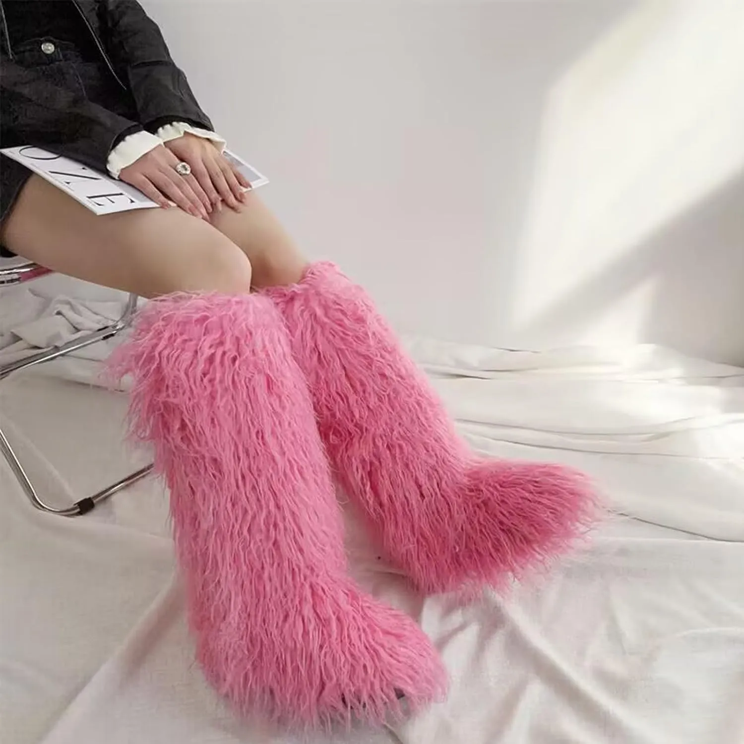 Valpeak Faux Fur Tall Furry Boots for Womens,Long Winter Boots for Girls,Mongolian Fluffy Boots for Kids Fuzzy Knee-High Boots