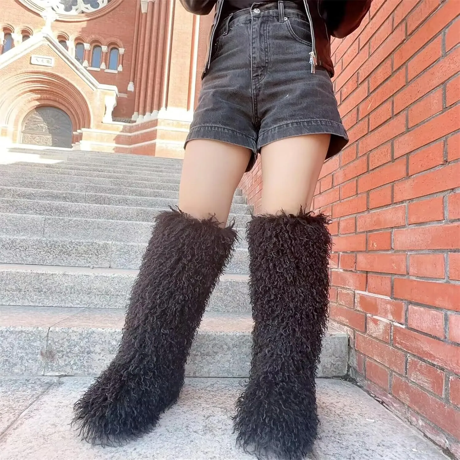 Valpeak Faux Fur Tall Furry Boots for Womens,Long Winter Boots for Girls,Mongolian Fluffy Boots for Kids Fuzzy Knee-High Boots