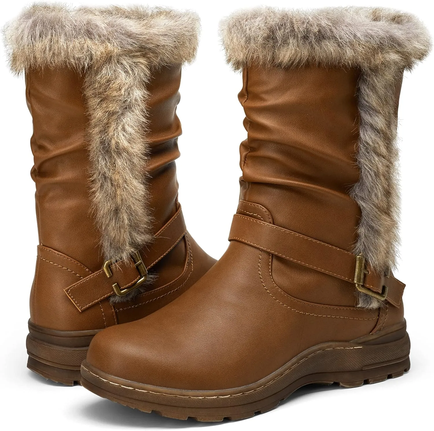 Vepose Women's Winter Snow Boots Fur Mid Calf Warm Suede Fuzzy Shoes