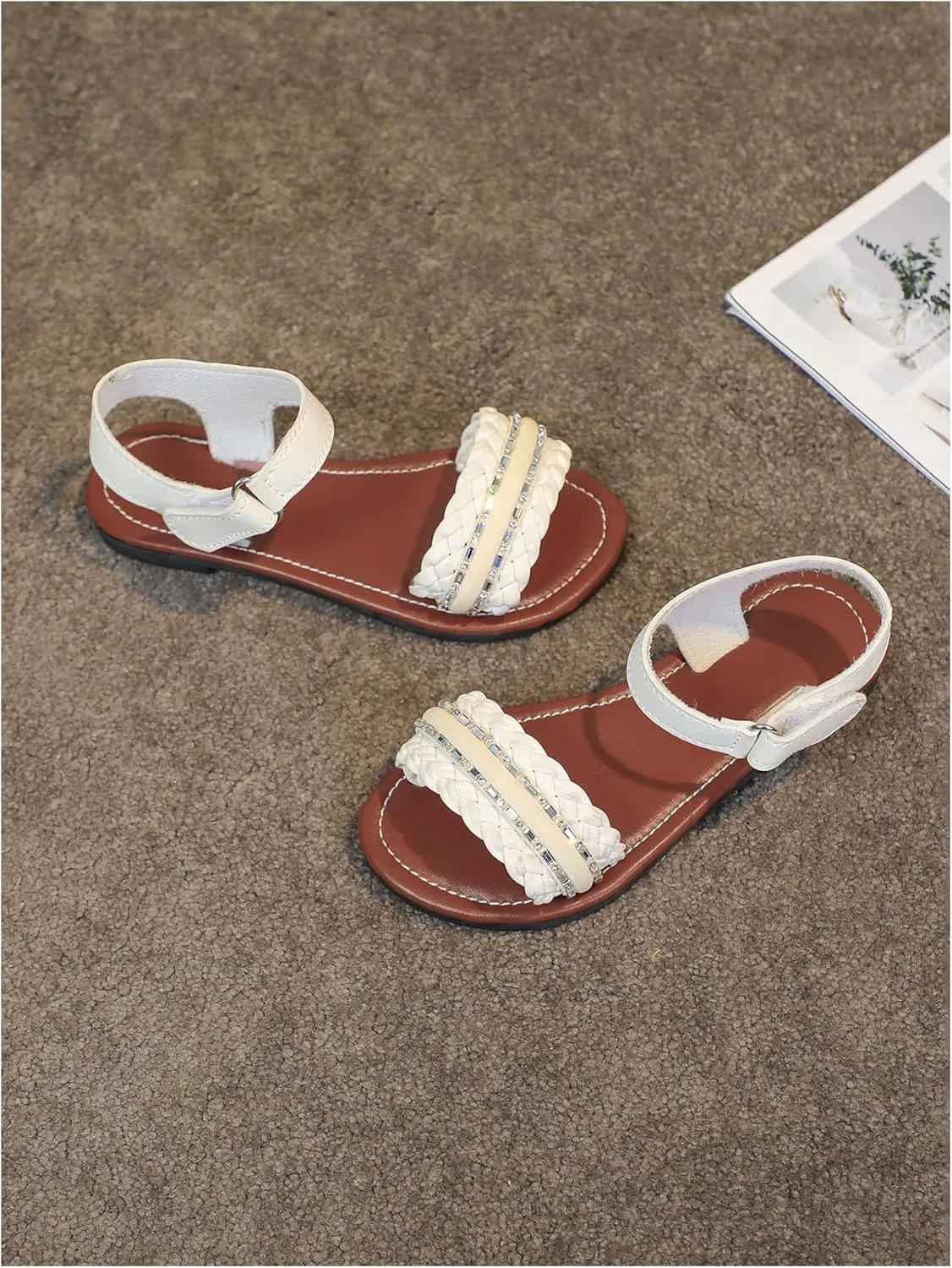 Verdusa Girl's Braided Rhinestone Dressy Sandals Open Toe Ankle Strap Flat Sandals