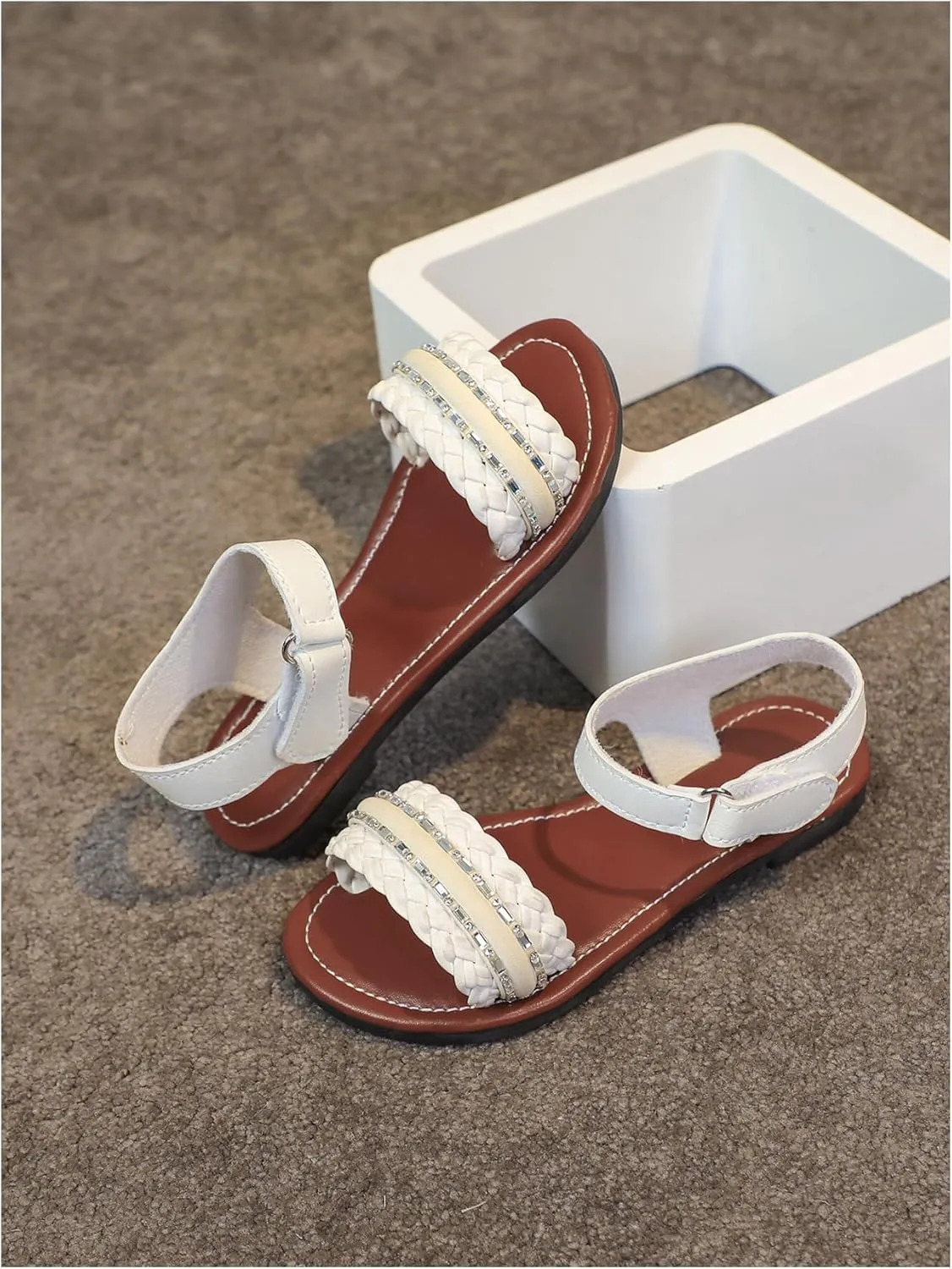 Verdusa Girl's Braided Rhinestone Dressy Sandals Open Toe Ankle Strap Flat Sandals