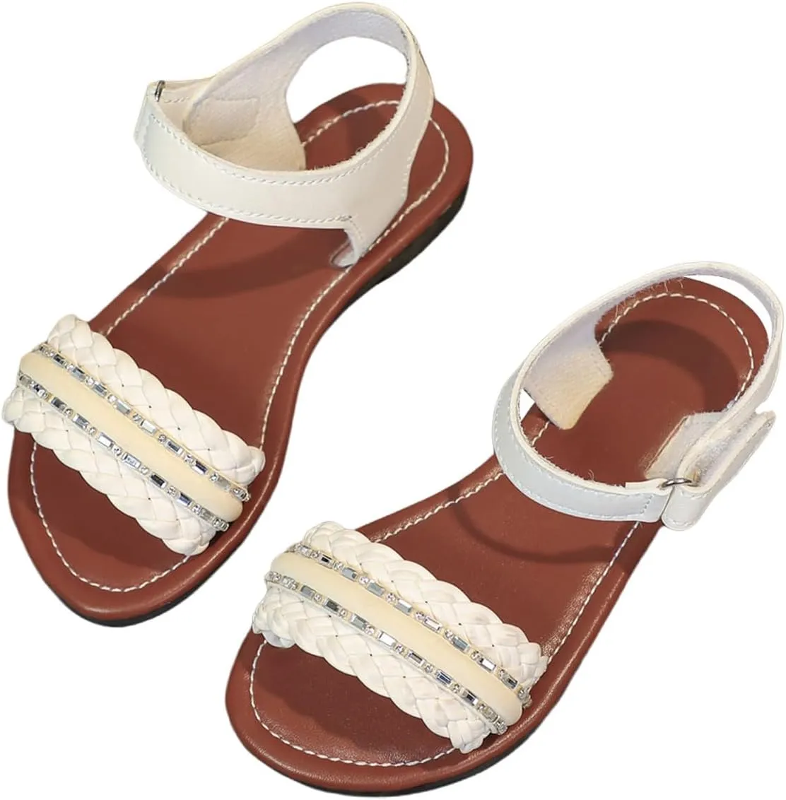 Verdusa Girl's Braided Rhinestone Dressy Sandals Open Toe Ankle Strap Flat Sandals